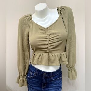 Altar’d State Olive Ruffle Cinched Ruched Cropped Top Puff Sleeves Boho XS